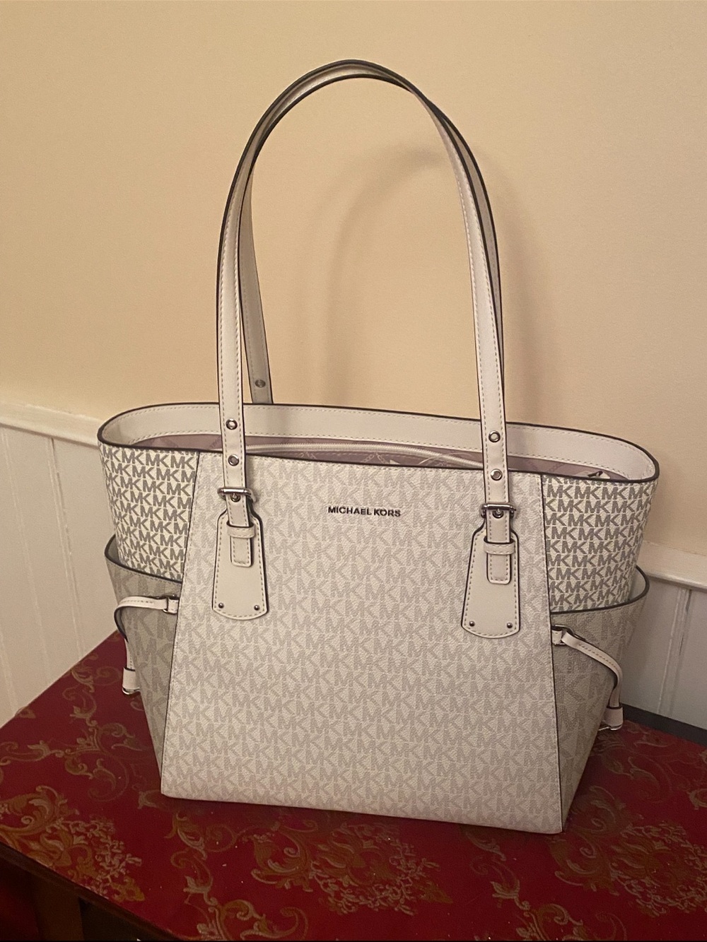 Michael Kors White MK Logo Tote with Leather Trim